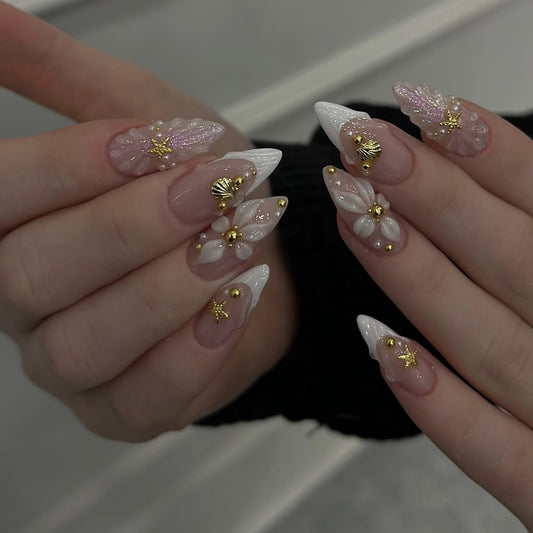 Ocean Serenity Long Stiletto Pink and White Floral Press on Nail Set with Glitter and Gold Accents