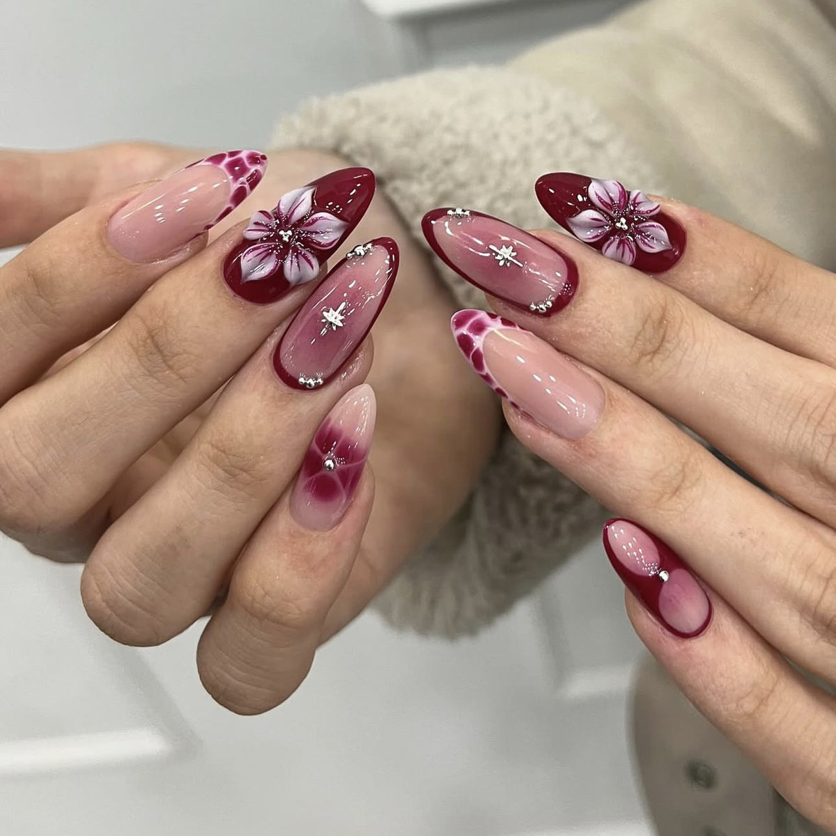 Blossom Elegance Long Almond Red Floral Press on Nail Set