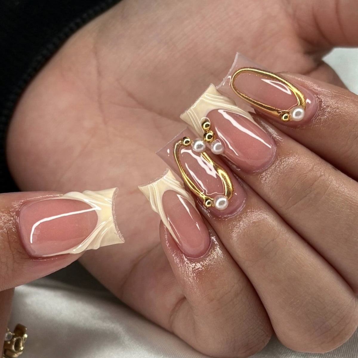 Glamorous Elegance Long Square Beige with Gold Accents Press on Nail Set