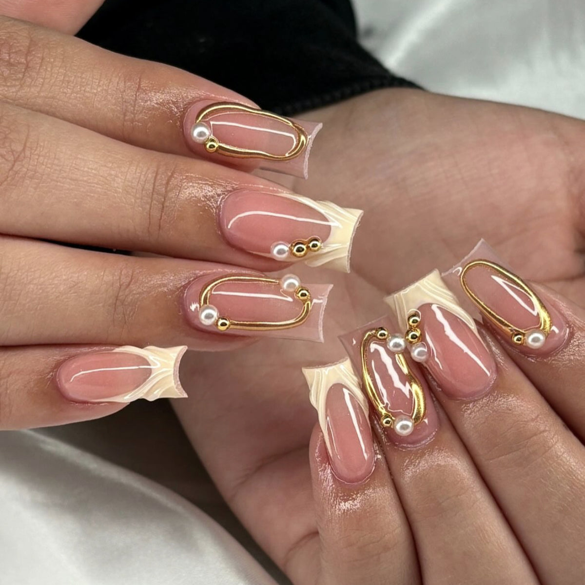 Elegant Charm Medium Square Transparent with Unique Gold Accents and Pearls Press-On Nail Set