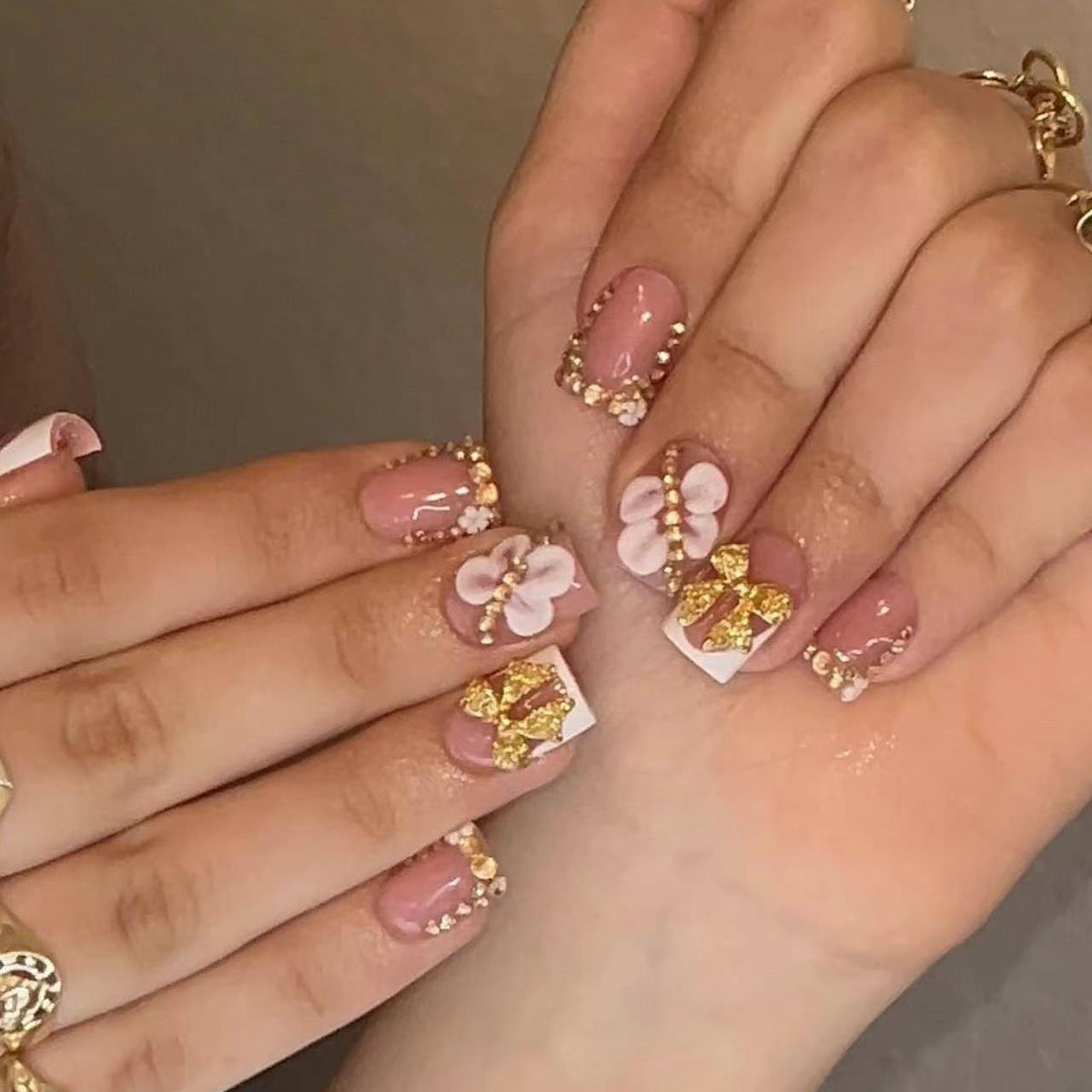 Whimsical Floral Elegance Short Square Blush Pink with Golden Embellishments Press On Nail Set