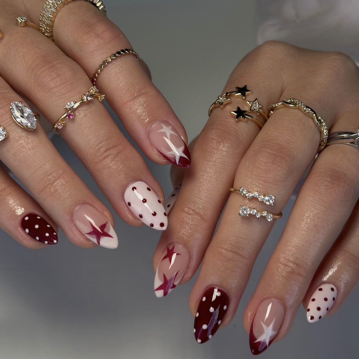 Celestial Glamour Medium Almond Burgundy and Blush Starry Design Press On Nail Set