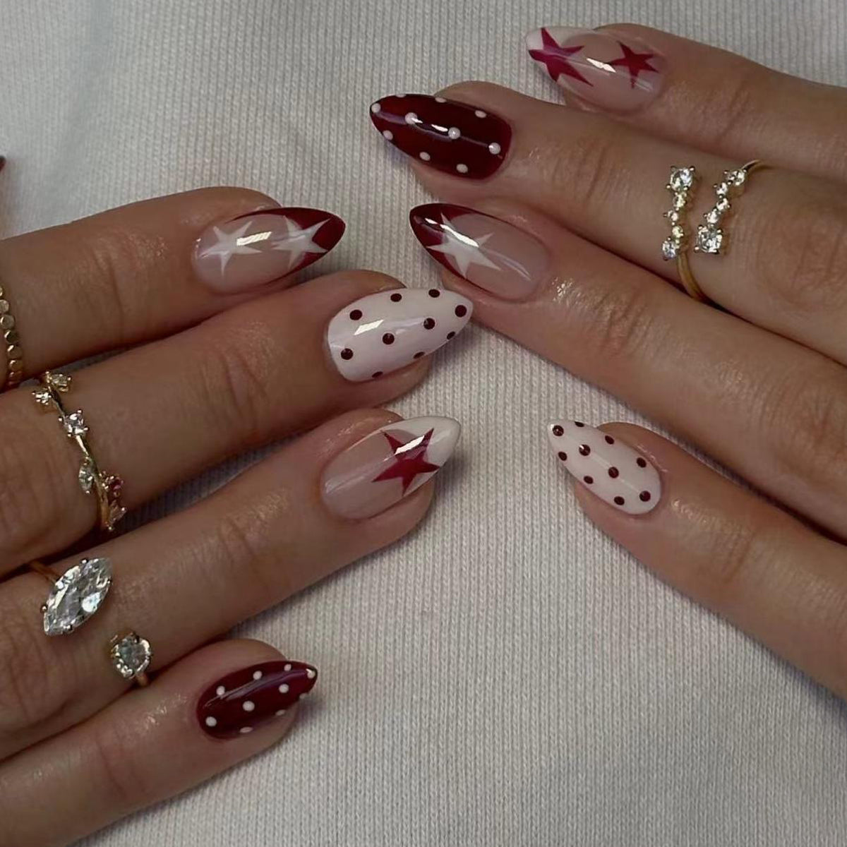 Starry Night Medium Almond Burgundy with Dots and Star Design Press On Nail Set