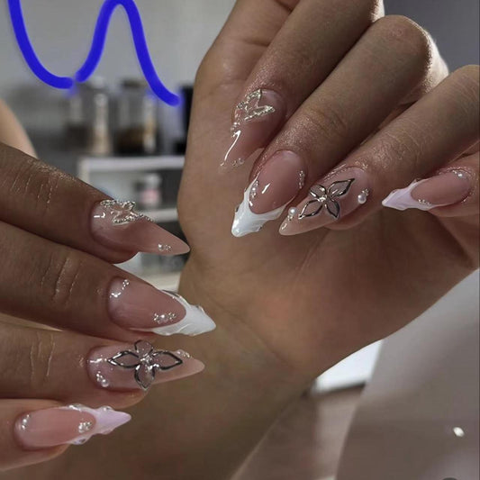 Whimsical Elegance Medium Stiletto Pink and White Floral Design Press On Nail Set