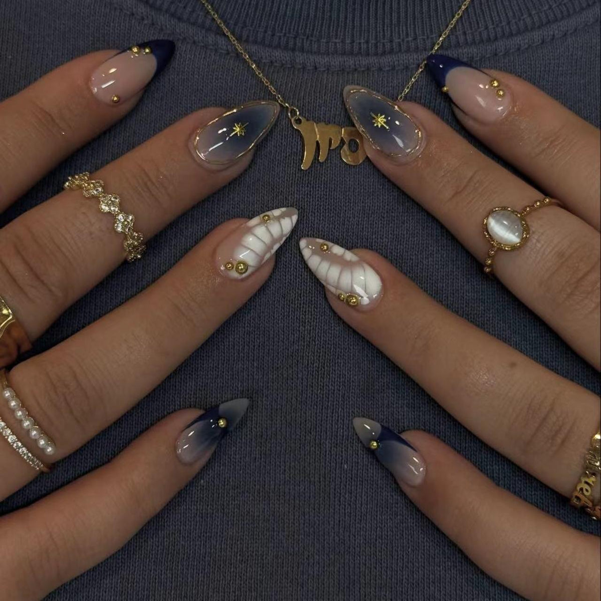 Celestial Elegance Medium Almond Blue Ombre with Gold Accents Press On Nail Set
