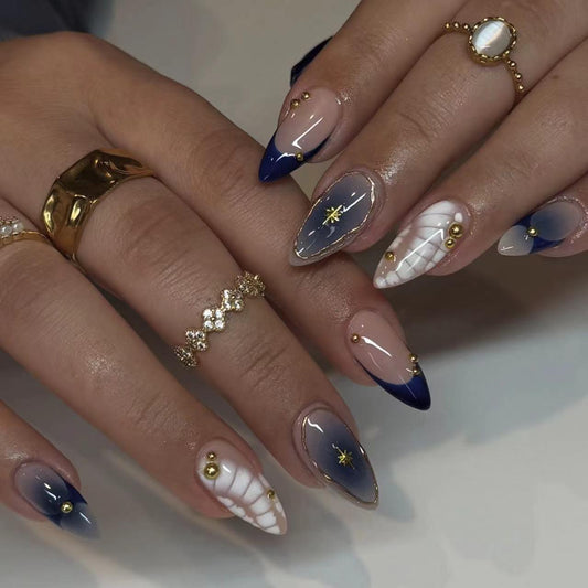 Celestial Glamour Long Stiletto Blue Ombre with Gold Accents Press On Nail Set