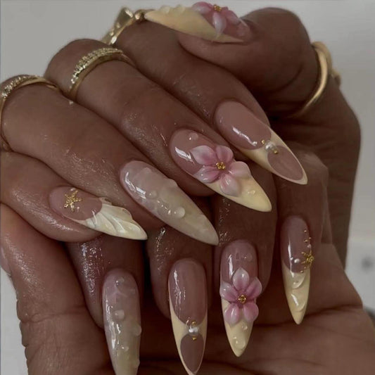 Enchanted Floral Long Stiletto Creamy Yellow Nail Set with 3D Flower Embellishments