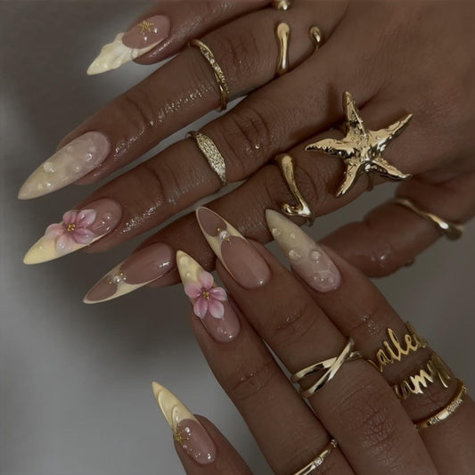 Tropical Paradise Long Stiletto Creamy White with Floral Accents Press On Nail Set