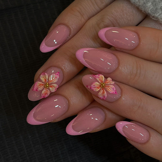 Blossom Elegance Medium Stiletto Pink with Floral Design Press on Nail Set