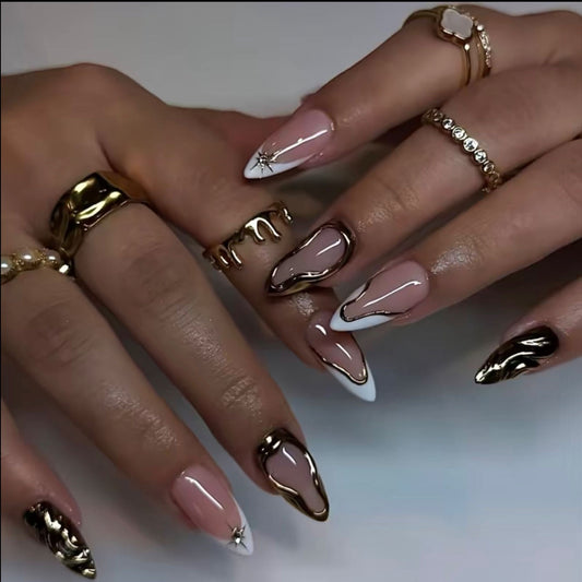Glamorous Long Stiletto Beige and White Highlight Press on Nail Set with Unique Gold Accents