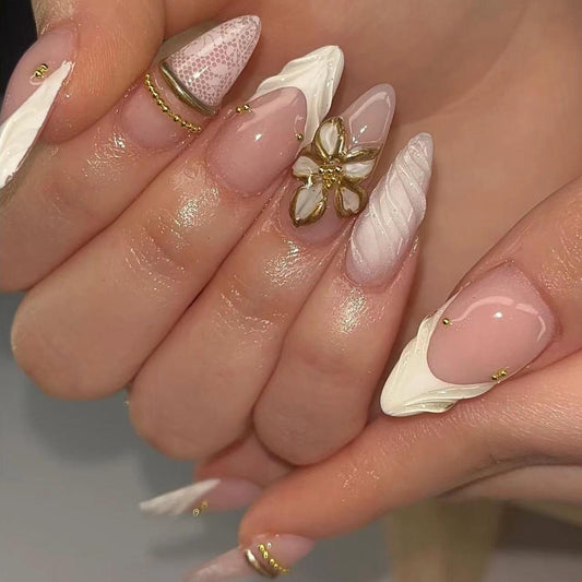 Elegant Floral Fantasy Long Stiletto Pink with Gold Accent Nail Set