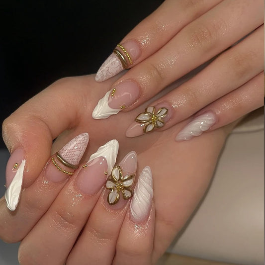 Elegant Floral Fantasy Long Stiletto White with Gold Accents