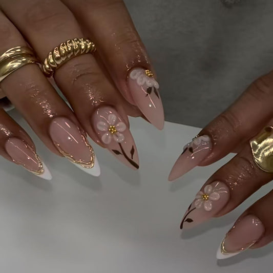 Floral Elegance Long Stiletto Beige with Floral Accents Press On Nail Set
