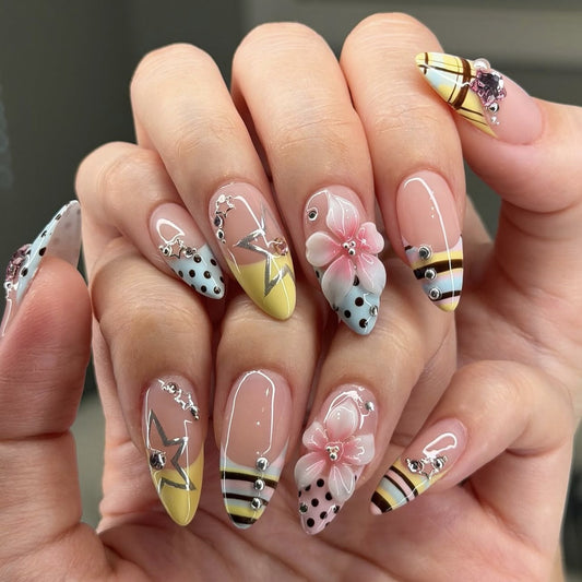 Spring Blossom Medium Stiletto Yellow and Pink Floral Accents Press on Nail Set