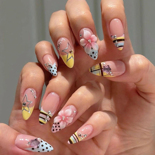 Whimsical Floral Medium Stiletto Pastel Press On Nail Set with Sparkling Accents