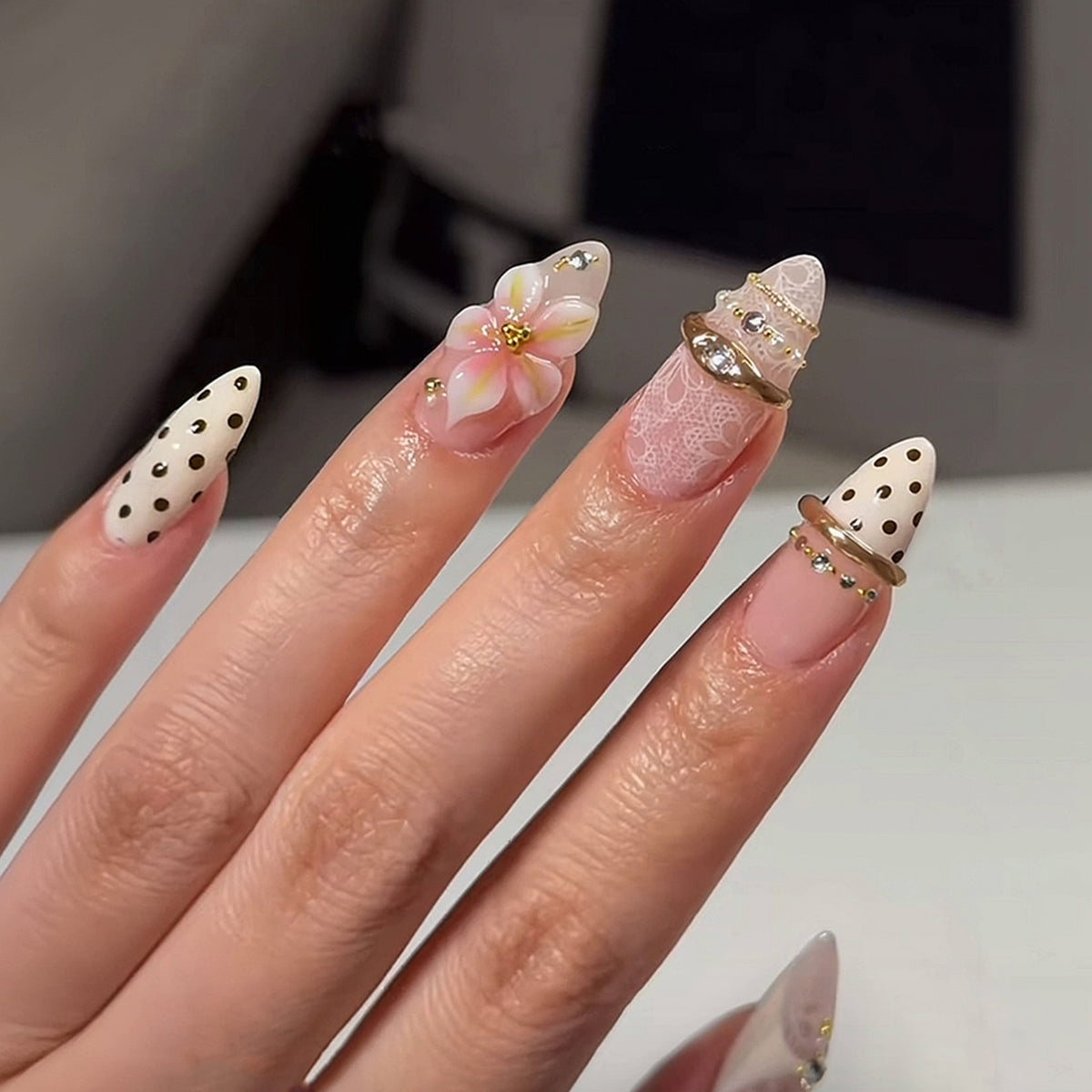 Charming Floral Medium Stiletto White with Unique Embellishments Press On Nail Set