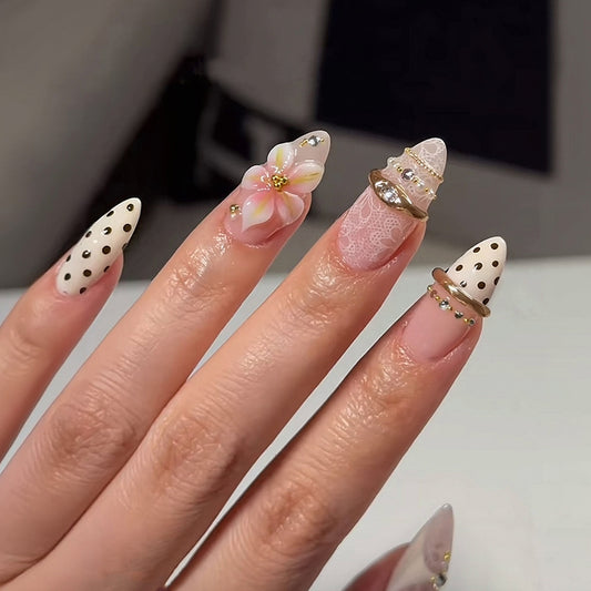Charming Floral Medium Stiletto White with Unique Embellishments Press On Nail Set