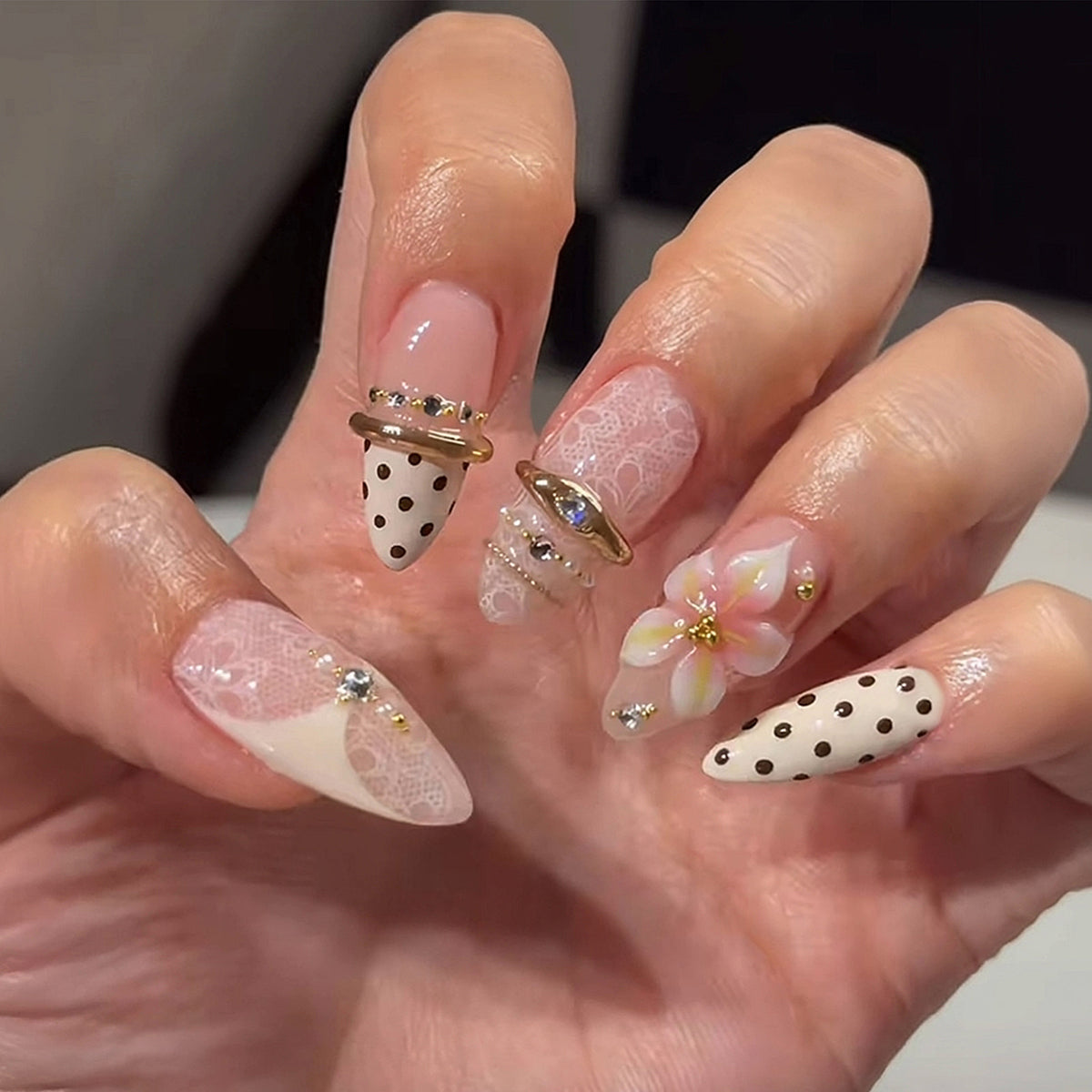 Dreamy Floral Fantasy Long Almond Pink with Elegant Lace and Polka Dot Accents