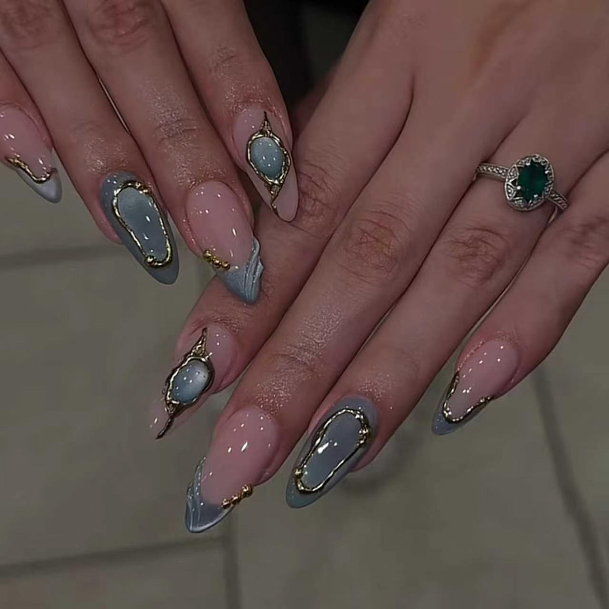 Oceanic Serenity Long Almond Turquoise with Gold Accents Press On Nail Set