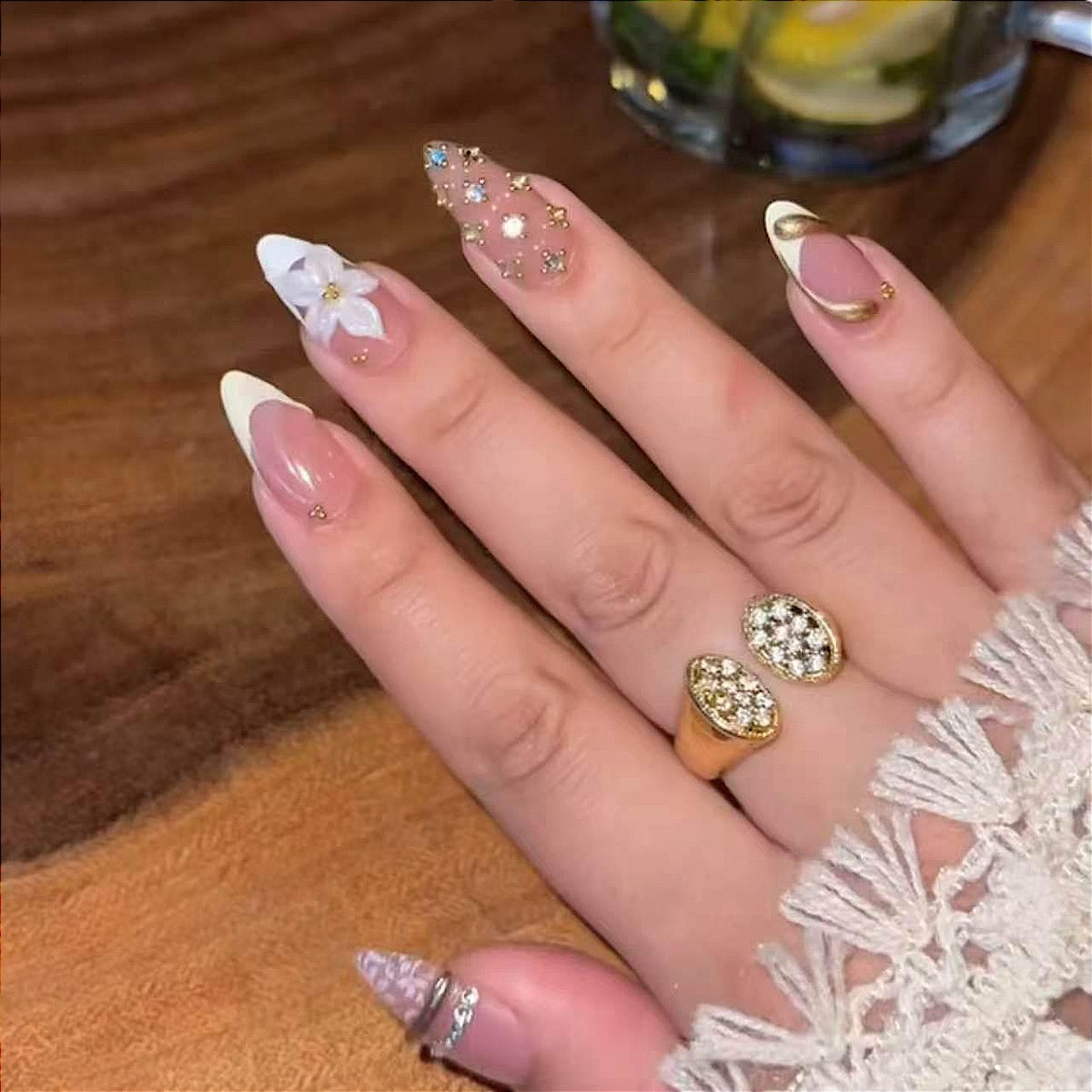 Elegant Floral Fantasy Medium Stiletto Pink with Glittering Accents Nail Set