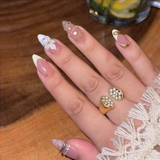 Elegant Floral Fantasy Medium Stiletto Pink with Glittering Accents Nail Set