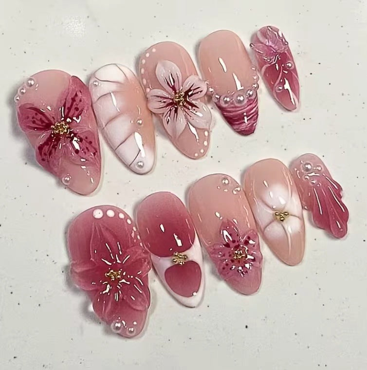 Floral Fantasy Medium Almond Pink with Unique Embellishments Press On Nail Set