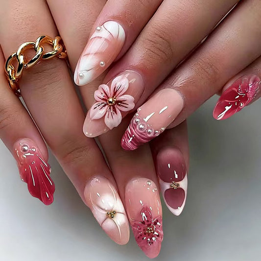 Floral Elegance Long Stiletto Pink Floral Design Press On Nail Set