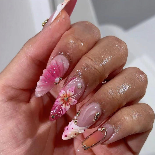 Floral Fantasy Long Stiletto Pink Press On Nail Set with Decorative Gem Accents