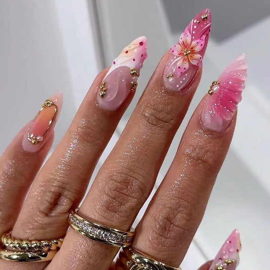 Tropical Bliss Long Stiletto Pink Floral Nail Set with Stunning Gold Accents