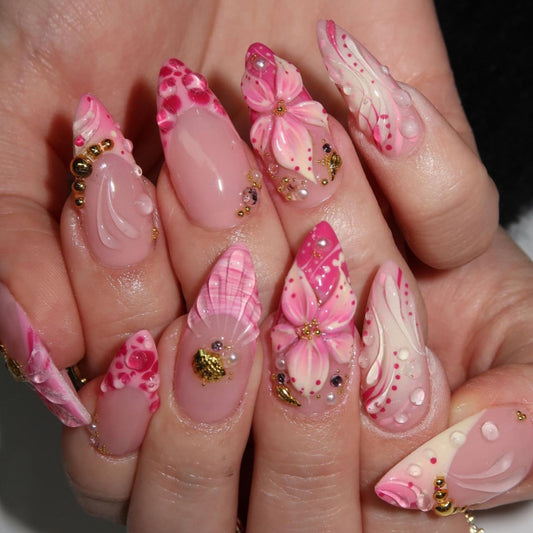 Enchanting Floral Long Stiletto Pink Press On Nail Set with Glittering Accents