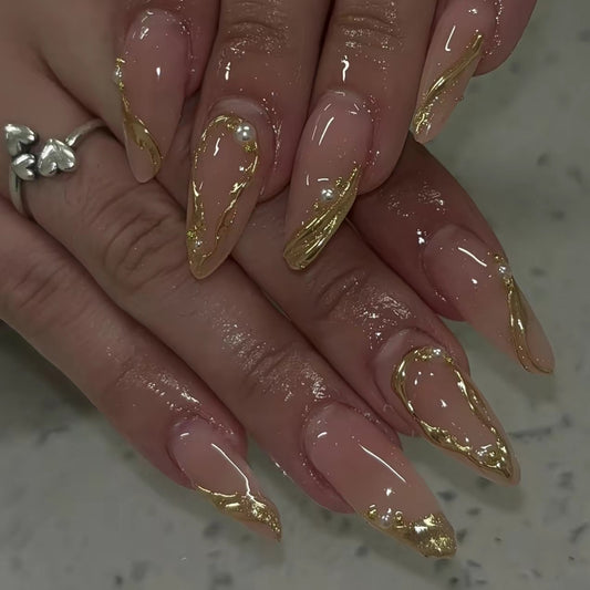 Glamorous Elegance Long Stiletto Beige with Gold Marble Press On Nail Set