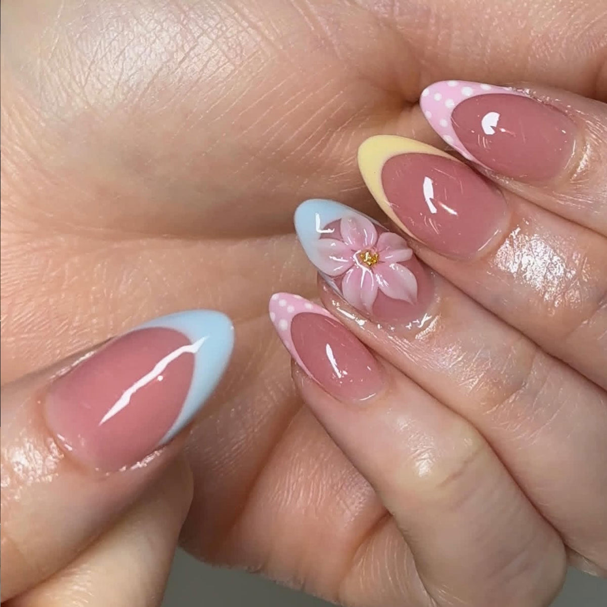 Floral Fantasy Medium Almond Pastel Colors with Chic Flower Accent Press On Nail Set