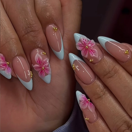 Tropical Paradise Medium Stiletto Blue with Floral Accents Press on Nail Set