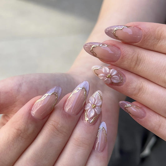 Elegant Blossom Stiletto Long Pink with Floral Gold Accents Press On Nail Set