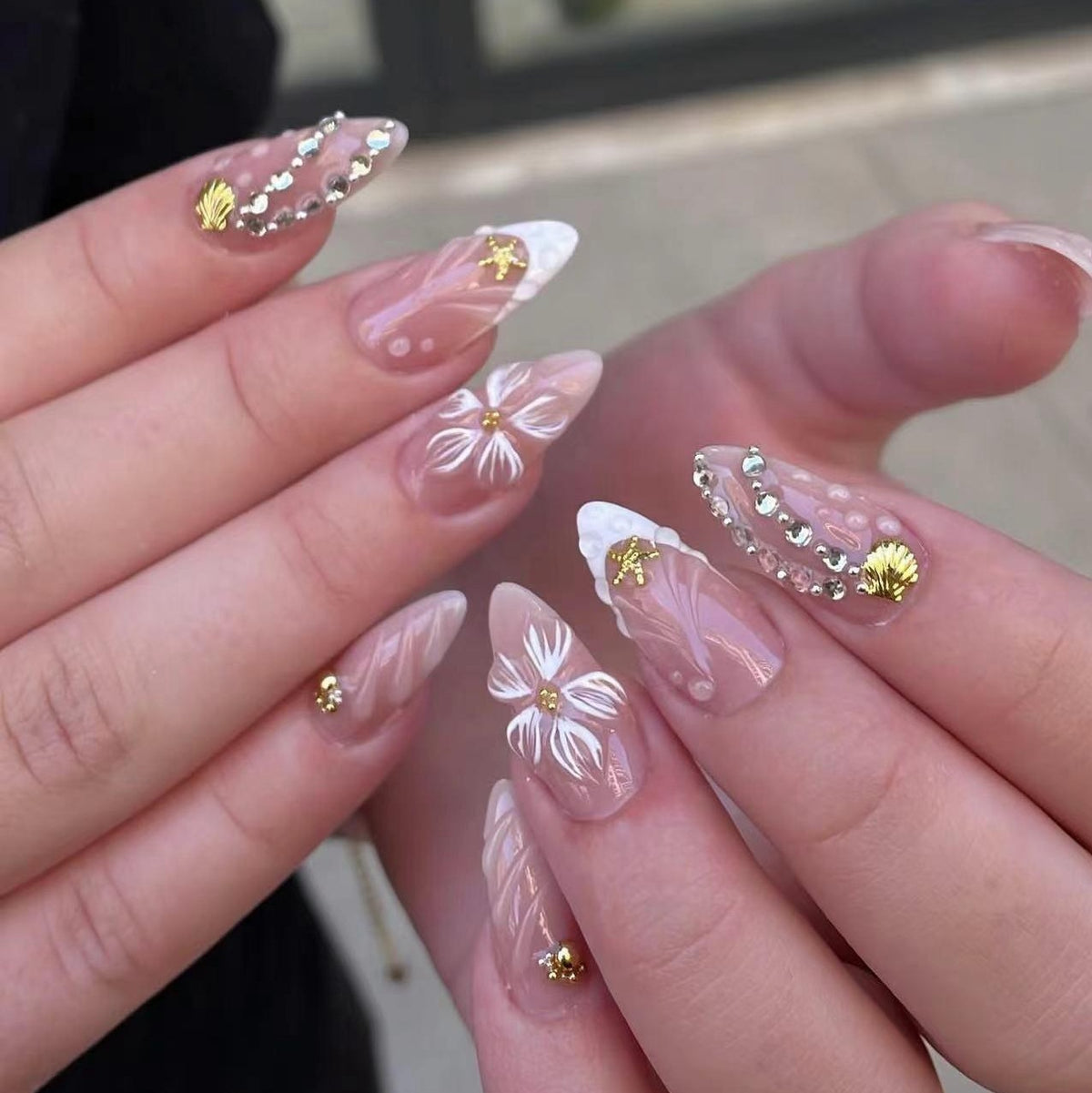 Tropical Paradise Medium Almond Blush with Floral Accents and Shimmery Details Press Nail Set