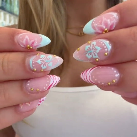 Floral Fantasy Medium Stiletto Pink with Unique Gold Accents Press On Nail Set
