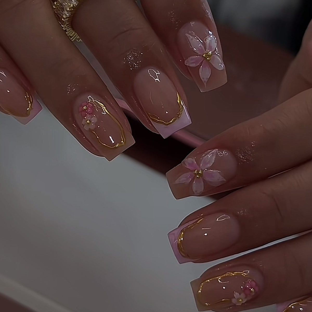 Blossom Delight Short Square Pink with Floral Accents Press on Nail Set