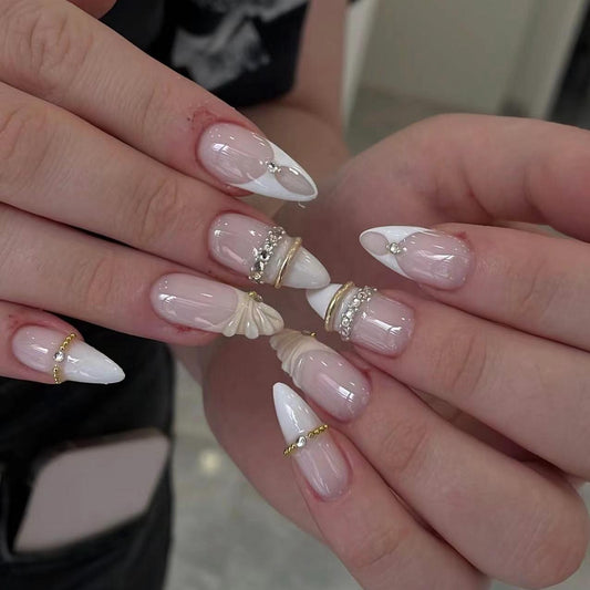 Elegant Seashell Inspired Medium Stiletto White Press On Nail Set with Gemstone Accents