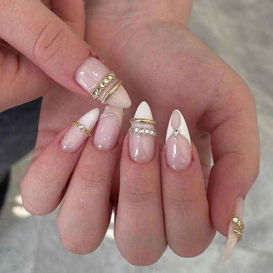 Elegant Winter Glam Medium Stiletto Pink with Gold Accent Press On Nail Set