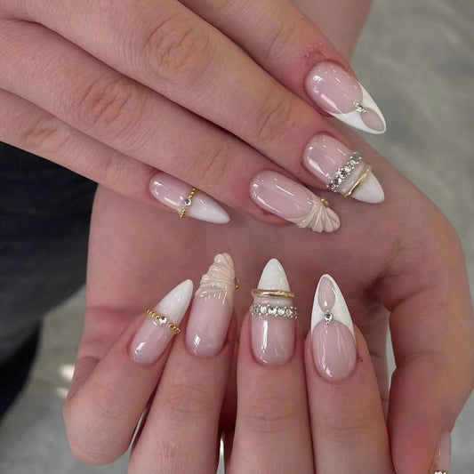 Coastal Elegance Long Stiletto White Press on Nail Set with Shell and Gem Accents