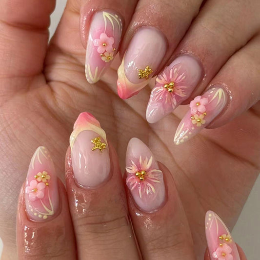 Blossom Bliss Medium Stiletto Pink Nail Set with Floral Accents