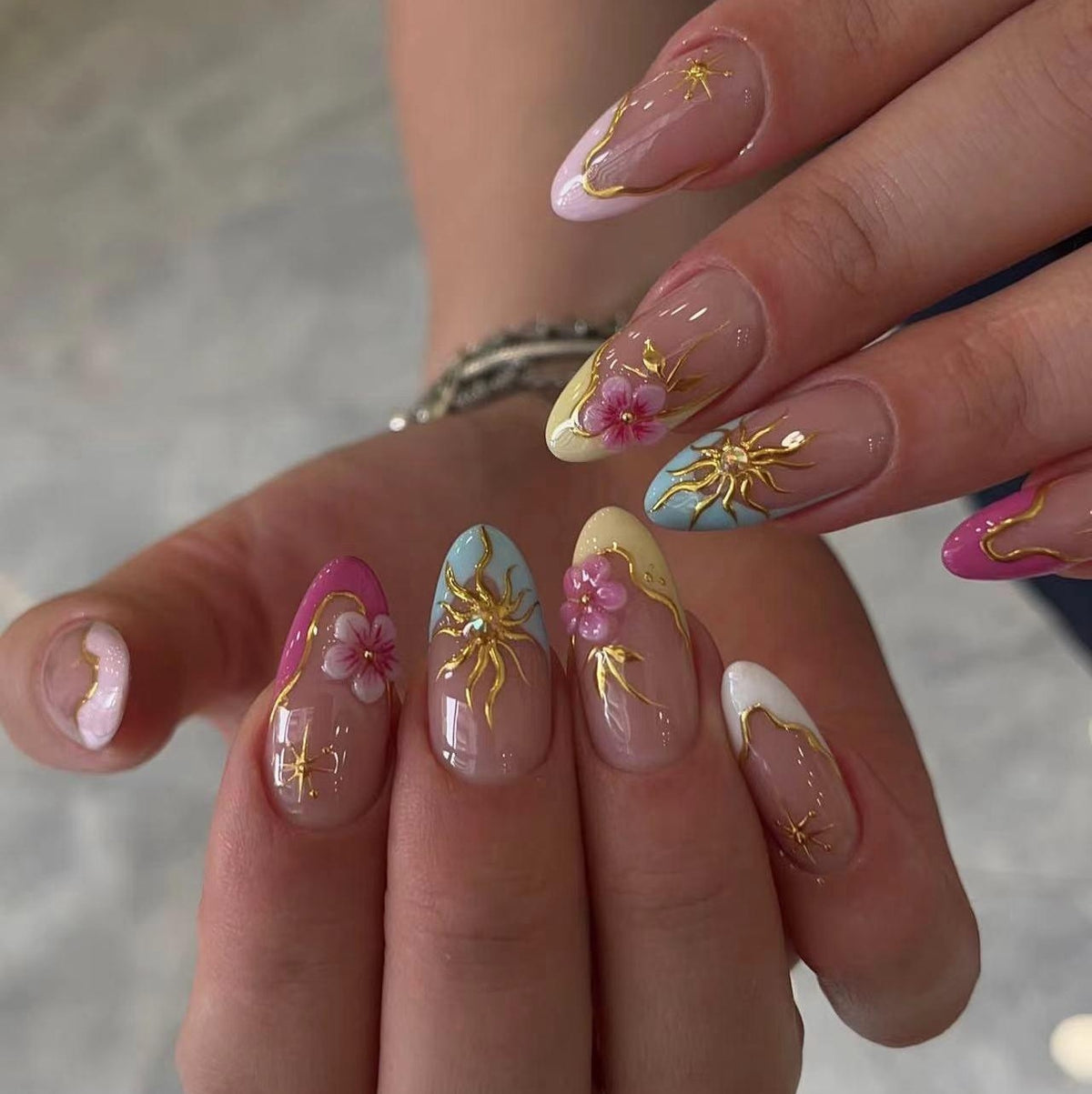 Sunshine Dream Medium Almond Pastel Press-On Nail Set with Floral Accents