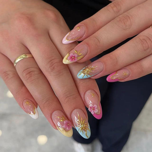 Sunlit Blossom Medium Stiletto Pastel Press on Nail Set with Floral Design