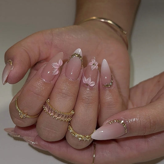 Floral Elegance Medium Stiletto Pink Press On Nails with Stunning Floral Accents