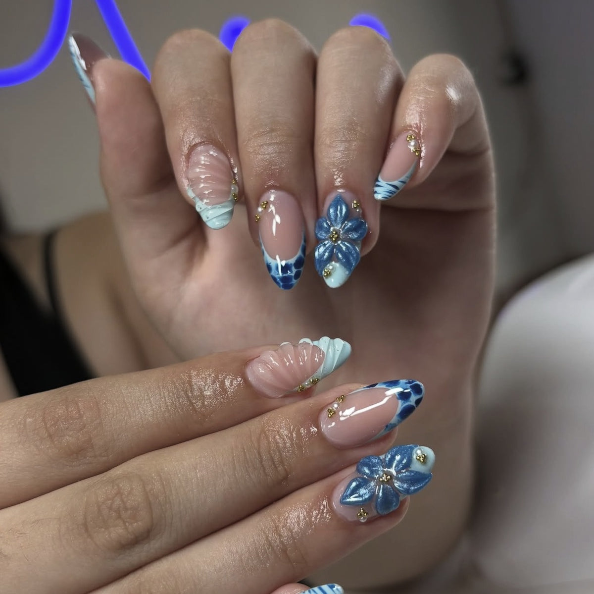 Ocean Breeze Medium Almond Light Blue with Floral Elegance Press on Nail Set