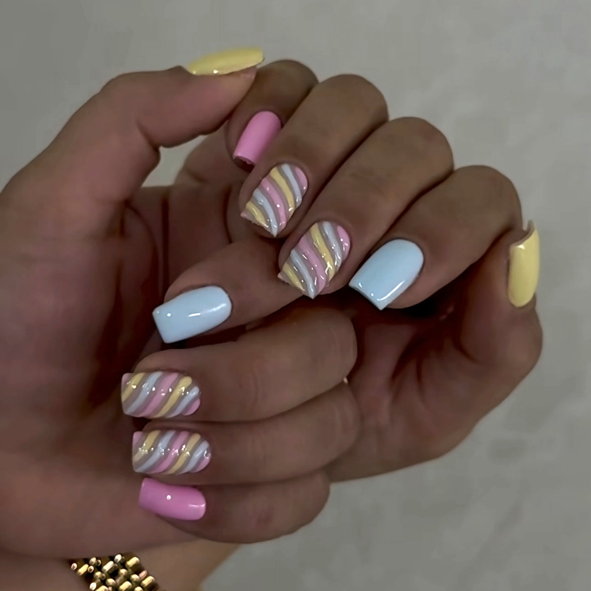 Pastel Dream Short Square Colorful Striped Press On Nail Set