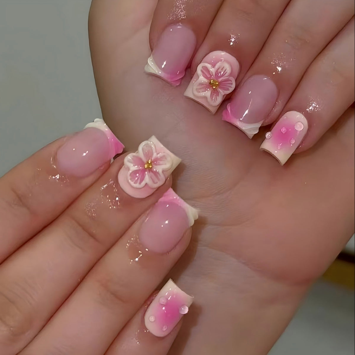 Blossom Delight Short Square Pink Floral Design Press On Nail Set