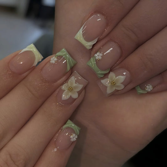 Botanical Delight Short Square Green with Floral Accents Press on Nail Set