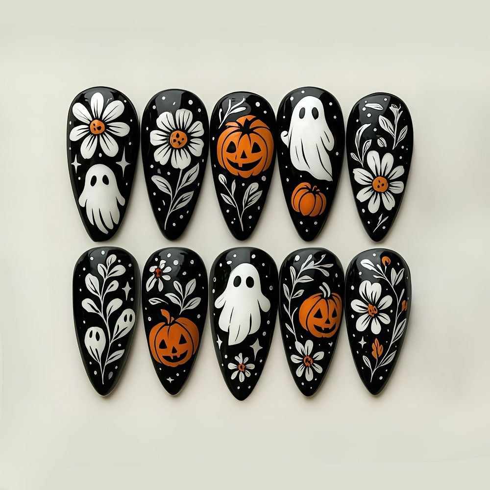 Spooky Halloween Long Stiletto Black Press On Nail Set with Ghost and Pumpkin Design