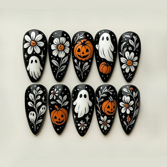 Spooky Halloween Long Stiletto Black Press On Nail Set with Ghost and Pumpkin Design